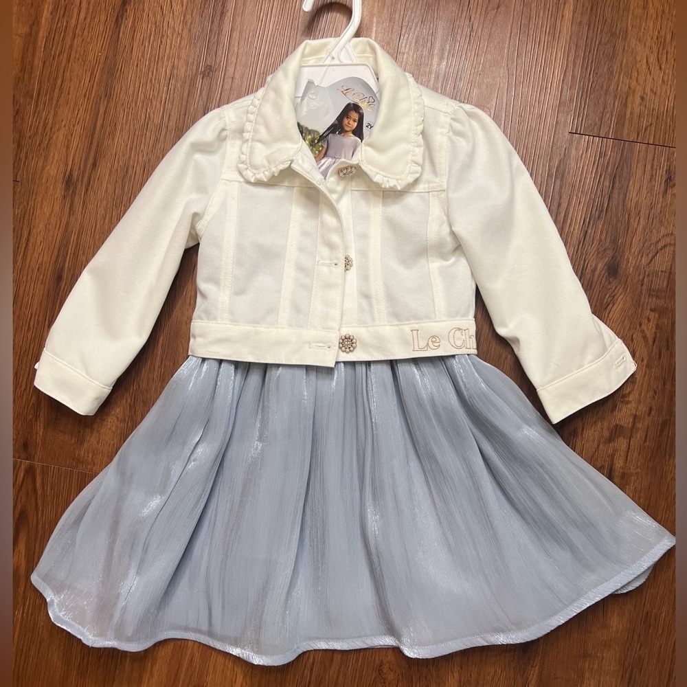 Le Chic Light Blue Dress & White Jean Jacket Set NWT Size 2 Ruffled Skirt